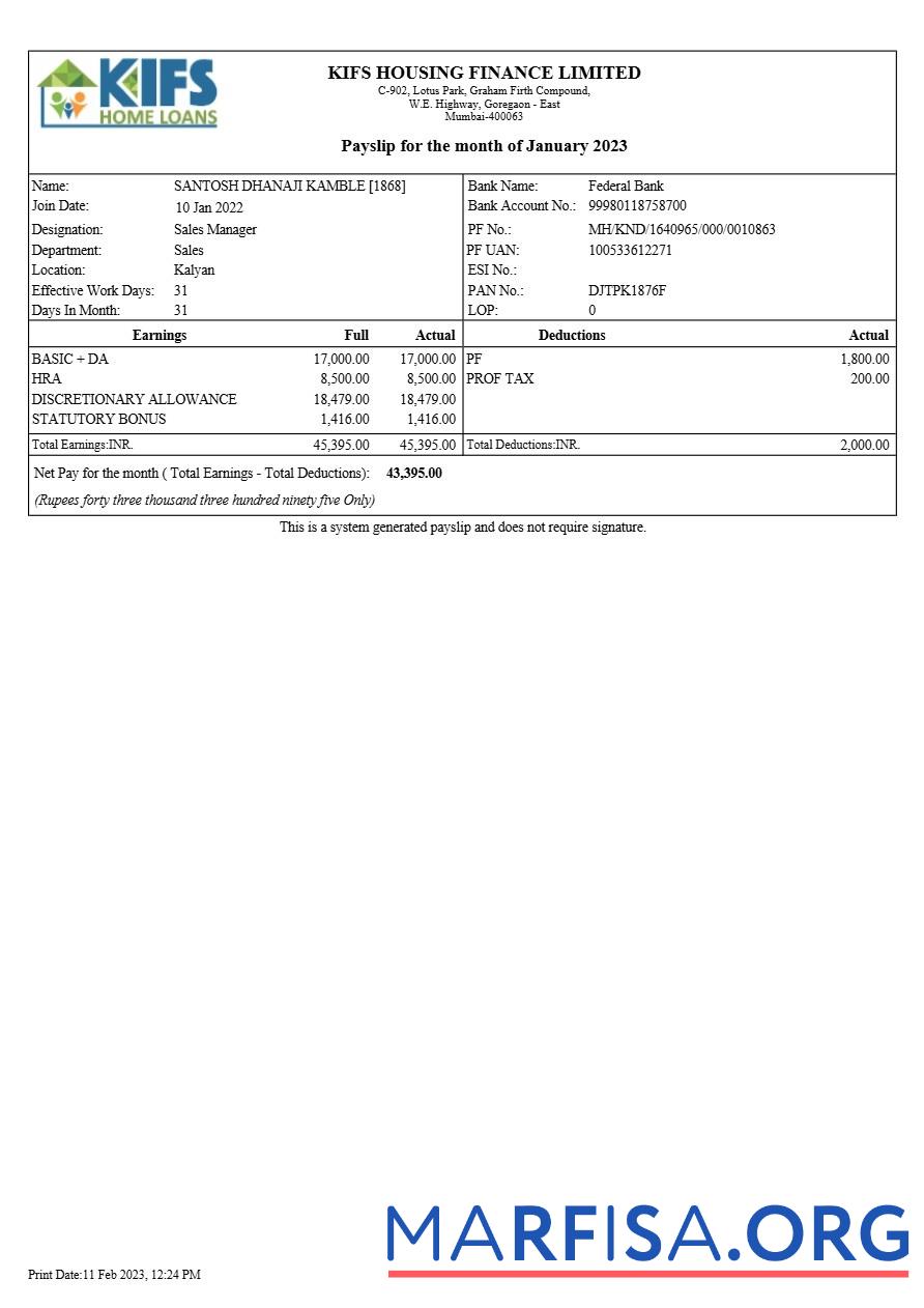 Downloadable KIFS Housing Finance payslip download for verification